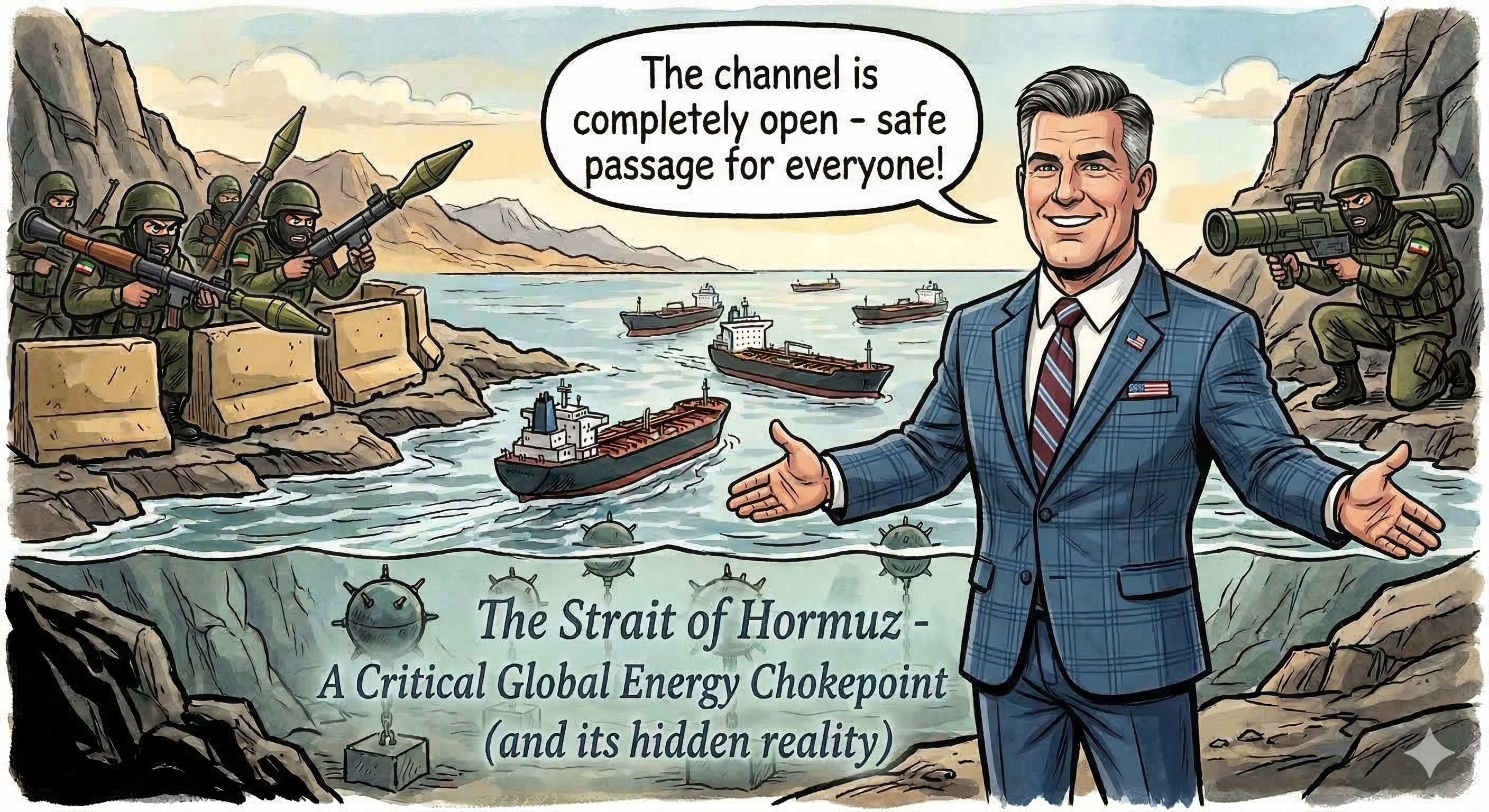 Political cartoon: A suited official gestures with open arms saying 'The channel is completely open — safe passage for everyone!' while armed soldiers line both banks and sea mines float beneath the ships.